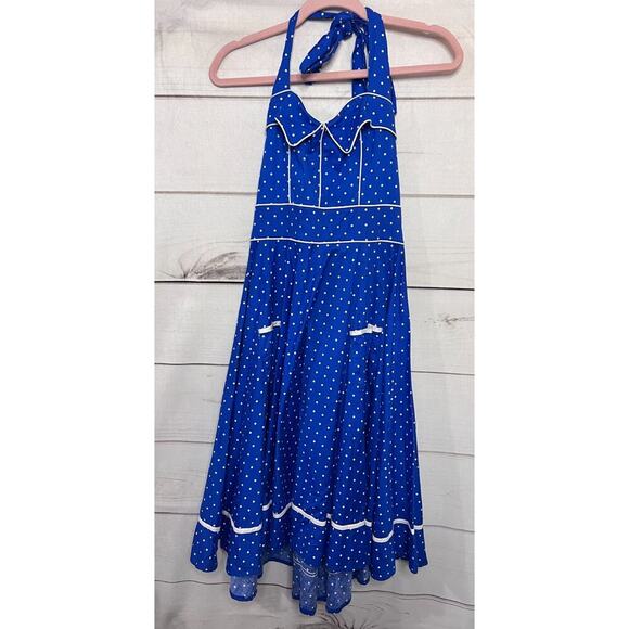 Hell Bunny Blue and White Polka Dot Halter Flare Party Dress - Small - Picture 1 of 5